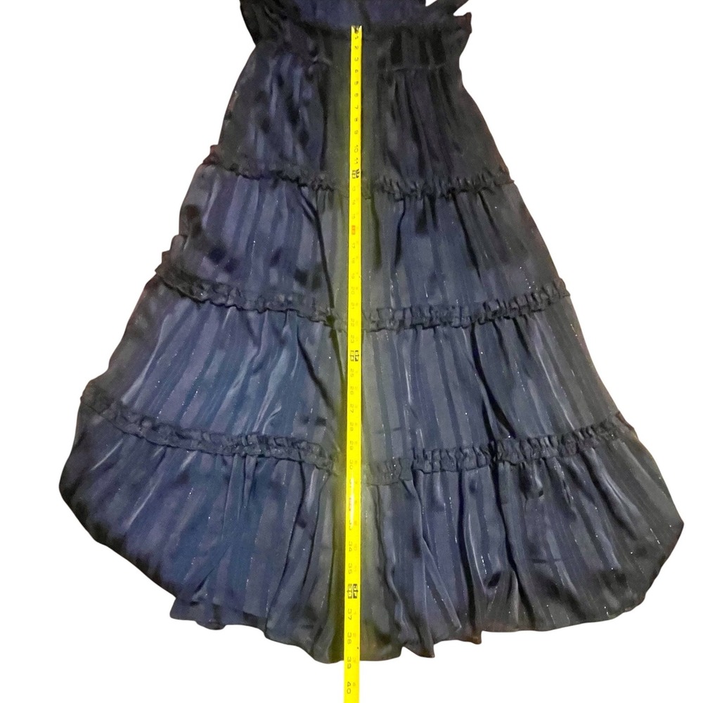 Lulus Navy Blue Metallic Striped Tiered Midi Dress Tie-Strap Side Slit Small - Picture 7 of 8